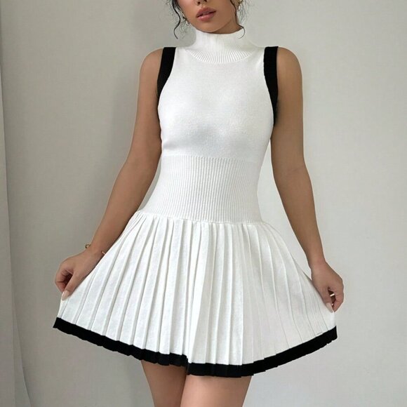 Black and White Elegant Women's Casual Trimmed Collar Sleeveless Sweater Dress - Picture 6 of 6